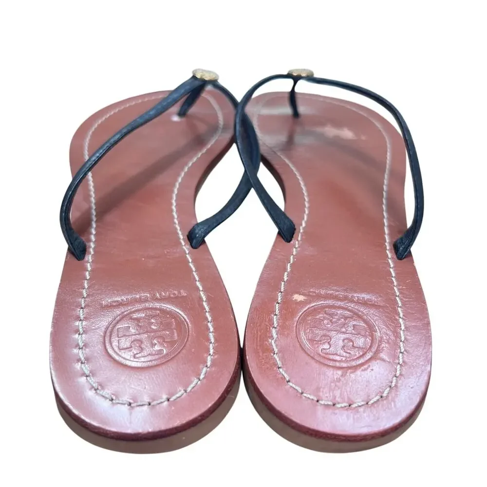 Tory Burch Charm Black Leather Flip Flop Strap  Sandals 8.5